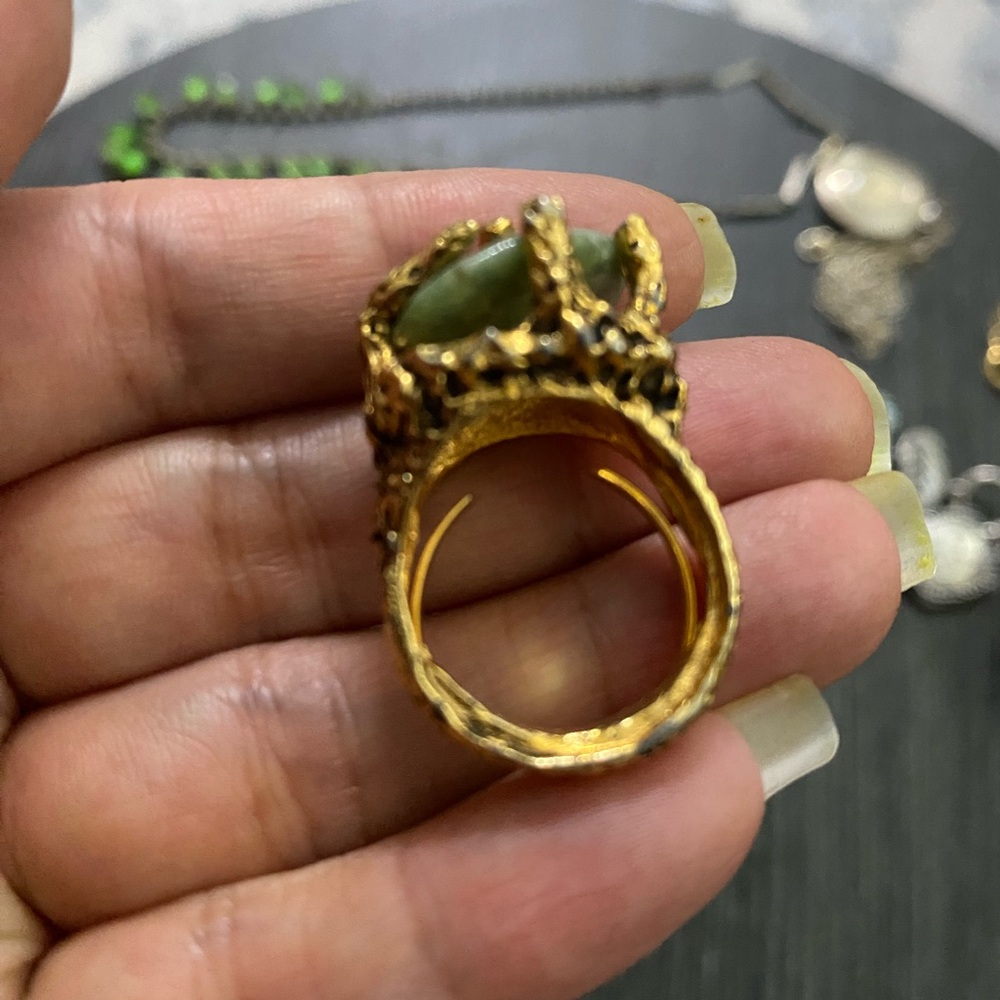 Gold-Tone Ring with Green Stone - Women's Jewelry